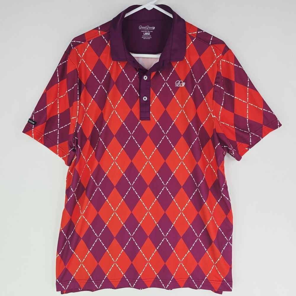 Good Good Golf Highland Men Large Golf Tee Argyle Performance Polo Red Purple